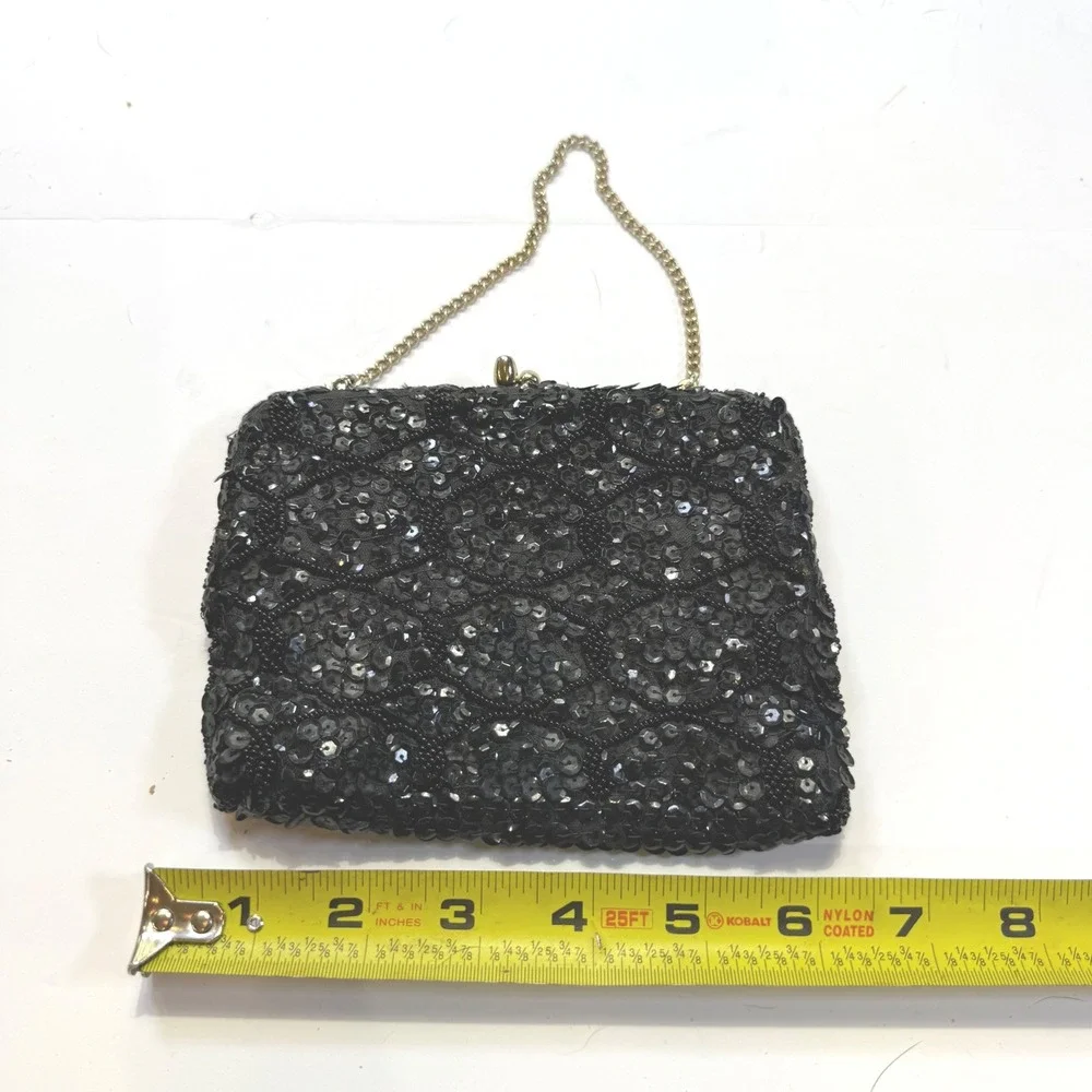 Vintage Black Sequin Beaded Evening Clutch Bag Gold Chain Strap Made in Korea